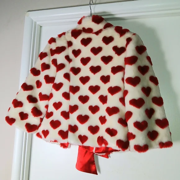 ❤️❤️Voom by Joy Han White faux Fur Cropped Teddy Jacket w Red Hearts Valentines - Picture 2 of 10